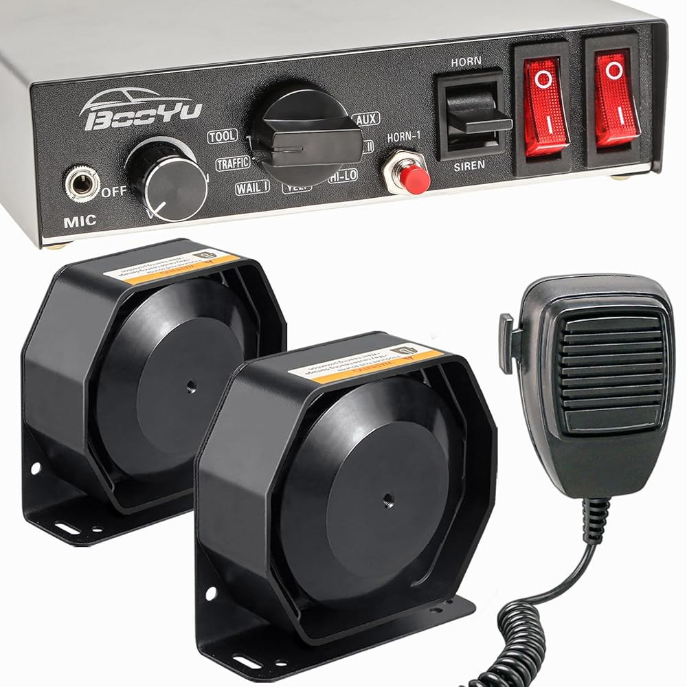 BooYu 12V 100W Police Emergency Siren Speaker for Vehicles Truck, 9Tone Black Steel Horn Alarm PA Sy - 상품 이미지