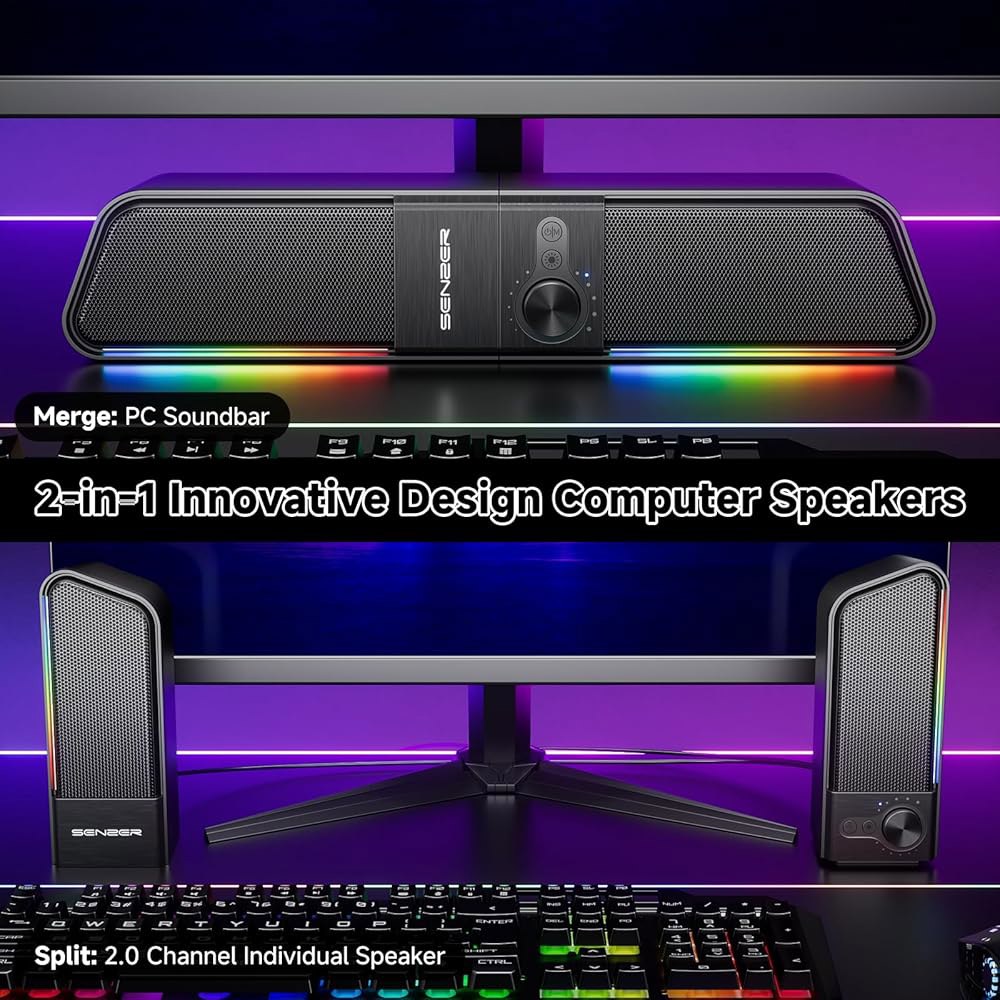 SENZER CS20 2 in 1 있는 사운드 태블릿용 플러그 블루투스 모니터 클리어 조명, 데스크톱용, USB 노트북 휴대폰 볼륨 RGB 스피커 손잡이가 게이밍 PC 앤 바, - 상세 이미지 2