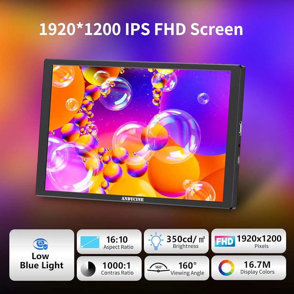ANDYCINE N10 10.1인치 HDMI 스크린 호환 PC, 카메라 베사, 및 휴대용 내장 텔레프롬프터, 게임 콘솔과 1920x1200 스피커 플립 모니터, 이미지 터치스크린 - 상세 이미지 2