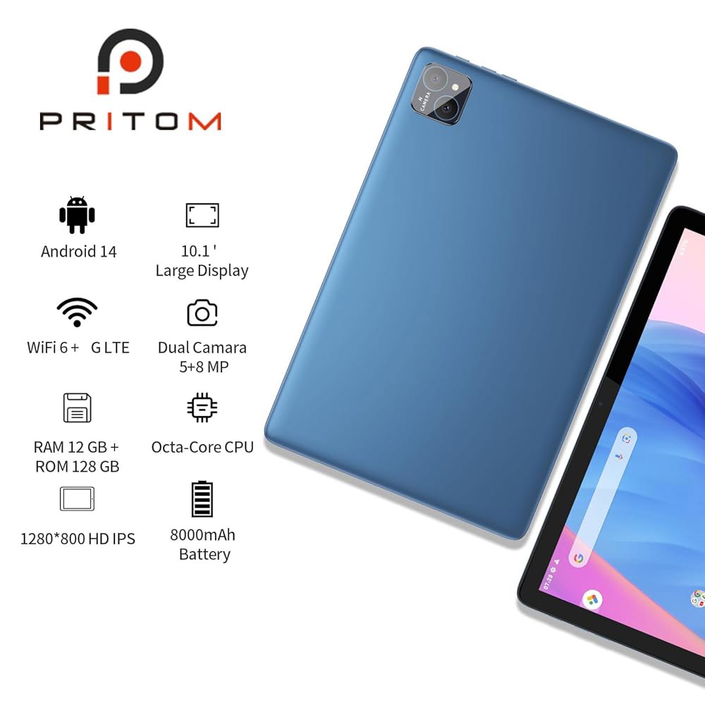 PRITOM TAB12 10인치 휴대폰 태블릿 더블 BT, 포함 WiFi, 슬롯이 HD, 코어, 안드로이드 14, 옥타 네트워크 있는 박스 4G 케이스 카드 128GB, 태블릿, - 상세 이미지 2