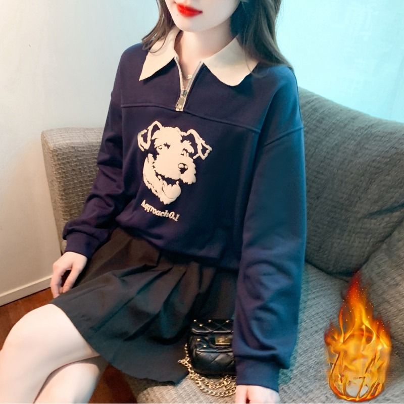 여성 캐주얼 데일리 오버핏 기모 배색 카라넥 자수 강아지 그래픽 긴팔 맨투맨 티셔츠 - 상품 이미지