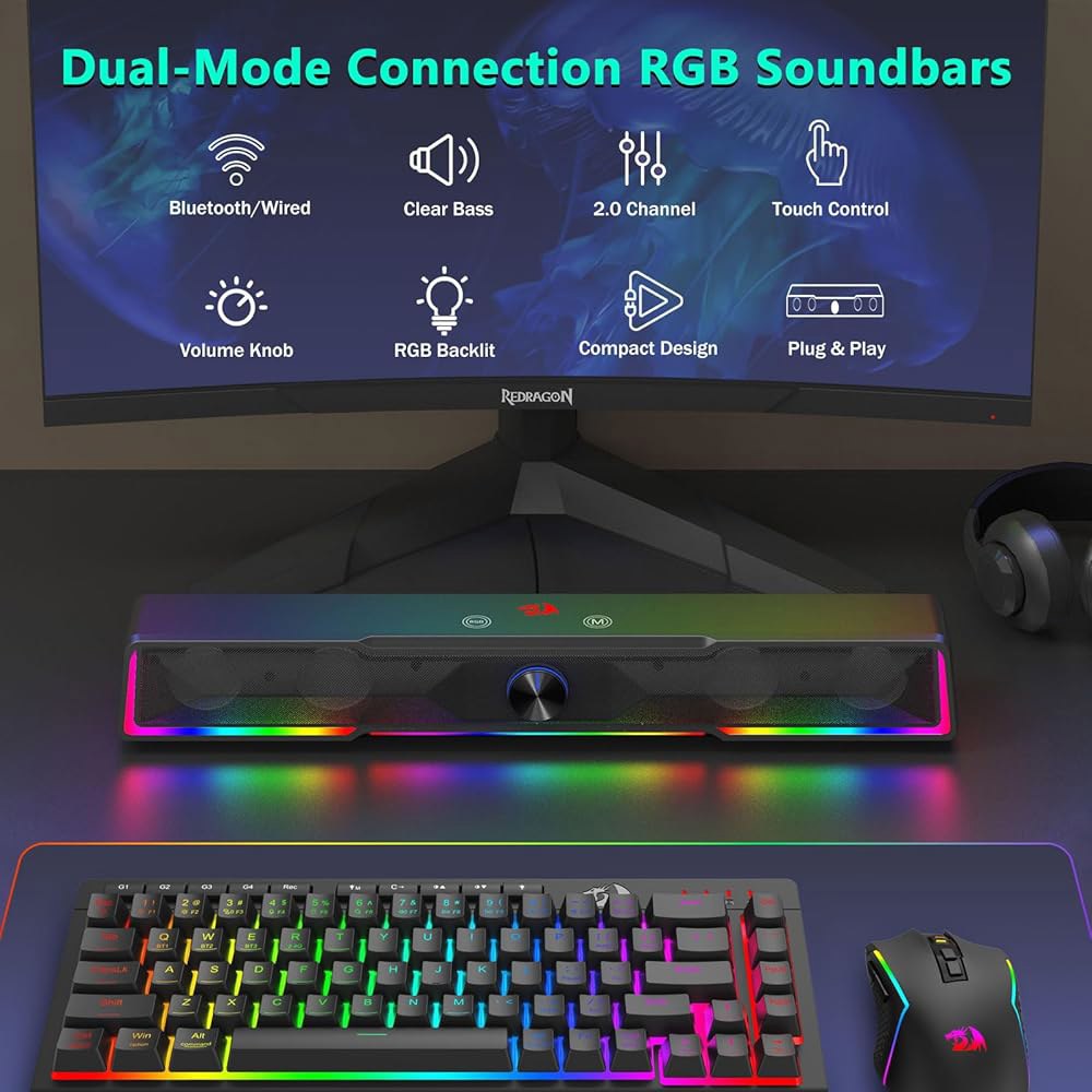Redragon GS516 컴퓨터 스피커, 블루투스/USB - PC/TV/태블릿용 싱크 오디오 라이트 선명한 백라이트가 있는 연결 유선 볼륨 블랙 듀얼 USB RGB 전원, 손잡이 - 상세 이미지 2