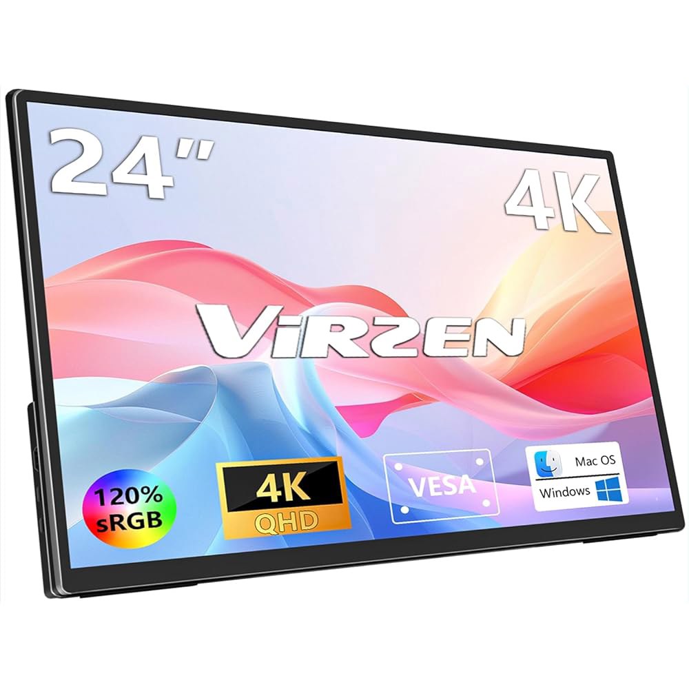 Virzen 4K 대형 휴대용 모니터 PC 디스플레이 스크린 VESA 폰 스피커 세컨드 3840 24인치 sRGB 듀얼 HDMI 맥 UHD 2160 120 x PS4/PS5용 외장 - 상품 이미지