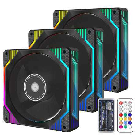 [해외]PANO-Mounts 120mm 6핀 인피니티 미러 RGB 컴퓨터 PC 케이스 팬 허브 및 리모컨 3팩 블랙으로 색상 조절 가능