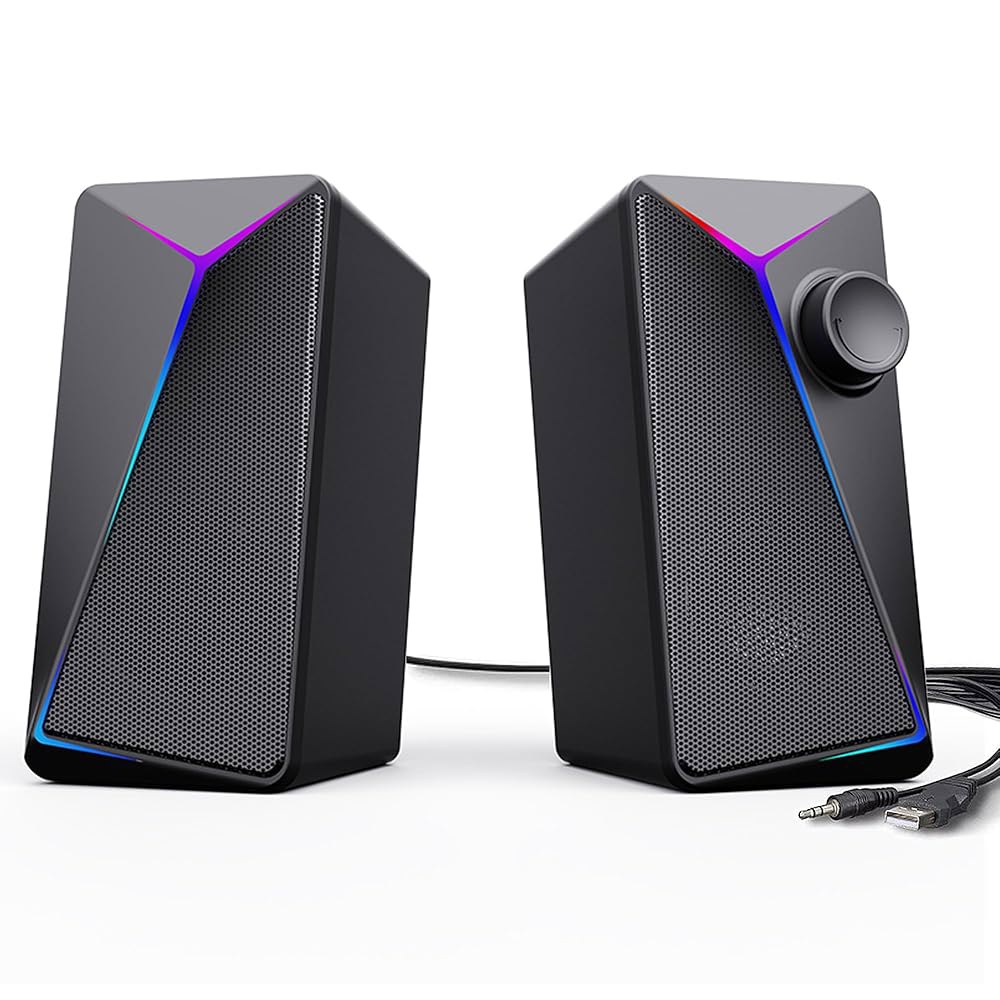 ROSON 컴퓨터 스피커, 향상된 베이스 볼륨 USB 전원 2.0 3.5mm Aux 게이밍 스테레오 및 멀티미디어 PC 노트북/데스크톱/태블릿/휴대폰용 컨트롤이 있는 스피커 - 상품 이미지