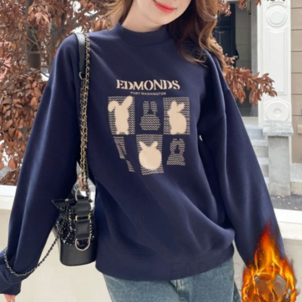 여성 루즈핏 반하이넥 레터링 그래픽 프린팅 기모 긴팔 티셔츠 맨투맨 스웨트셔츠 - 상품 이미지