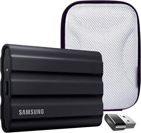 [해외]삼성 MU-PE4T0S/AM T7 4TB 쉴드 휴대용 SSD USB 3.2 하드 쉘 케이스 및 컨버터 어댑터 타입 C 어댑터가 포함된 블랙 번들 암수에서 USB2.0 Bla