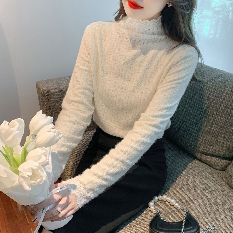 여성 데일리 페미닌 오피스룩 이너 레이스 기모 반하이넥 슬림핏 물결커팅 긴팔 티셔츠 스판 레이어드 기초 - 상세 이미지 5