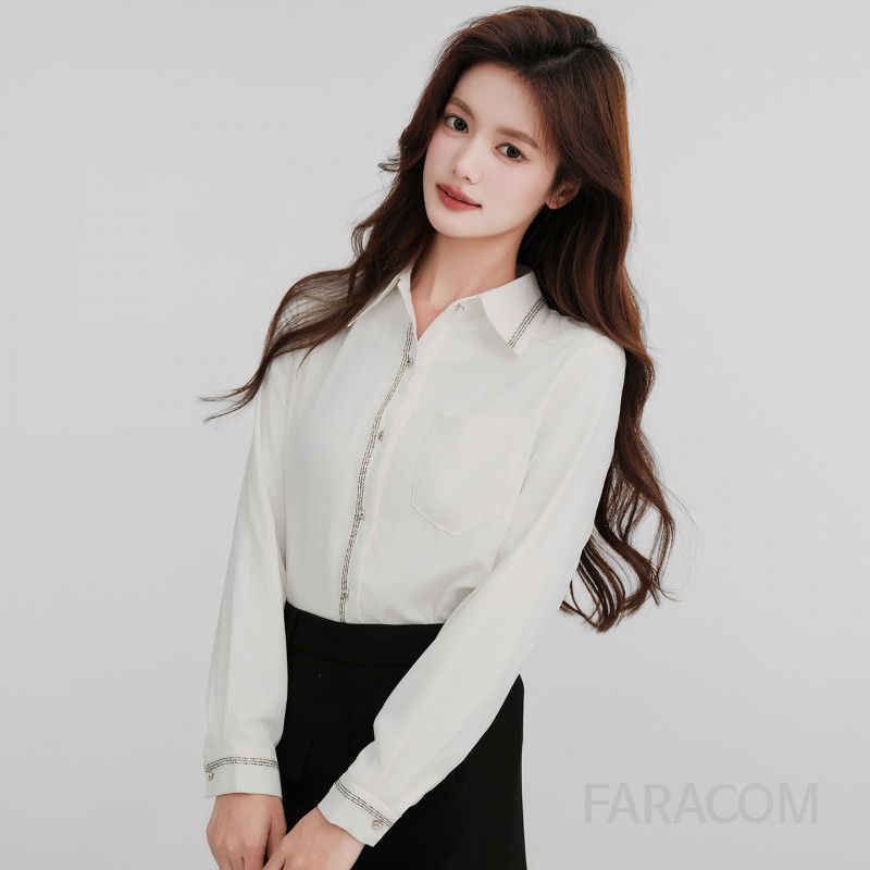 여성 오피스룩 직장인 기모 안감 배색 포인트 포켓 긴팔 셔츠 블라우스 출근룩 단정한 상의 - 상품 이미지