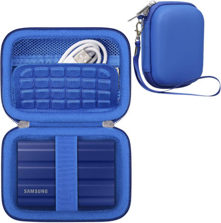 [해외]삼성 T7 쉴드 휴대용 SSD 1TB 2TB 4TB용 RAIAL 하드 캐리링 케이스 외장 드라이브 보관 여행 가방 USB 케이블 액세서리용 메시 포켓 파란색