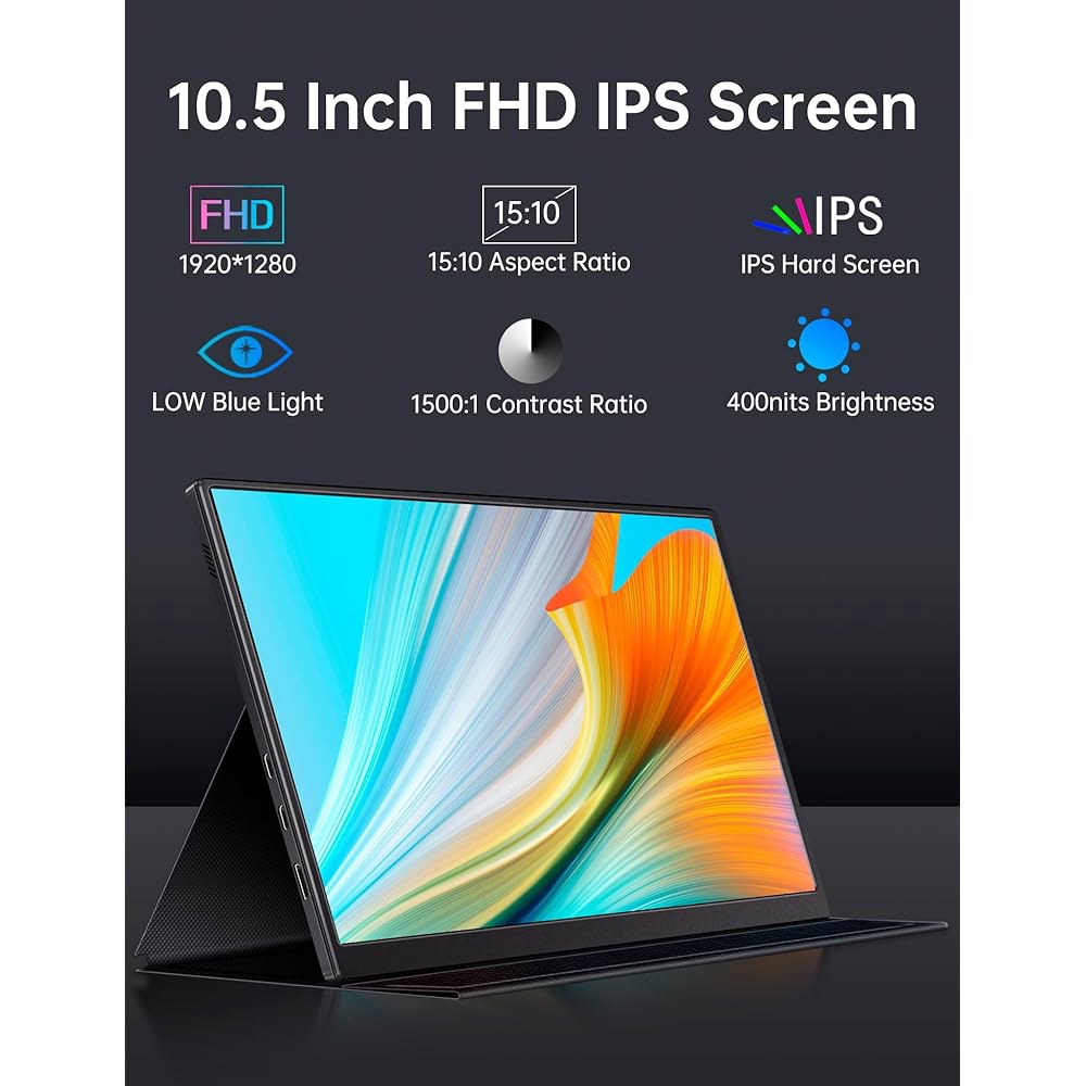VOKENSU 소형 휴대용 모니터 10.5인치 HDMI FHD 미니 USB 스크린, 400니트 여행용 울트라 IPS 포함, 1280P C 스마트 PC용 커버 스피커 및 15 10 - 상세 이미지 2