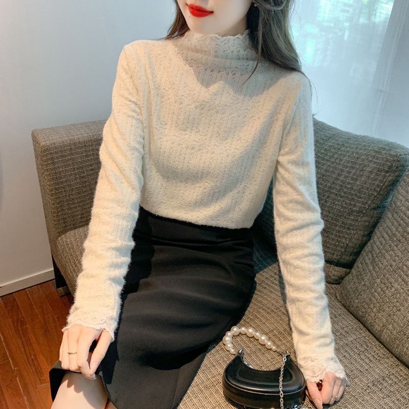 여성 데일리 페미닌 오피스룩 이너 레이스 기모 반하이넥 슬림핏 물결커팅 긴팔 티셔츠 스판 레이어드 기초 - 상세 이미지 4