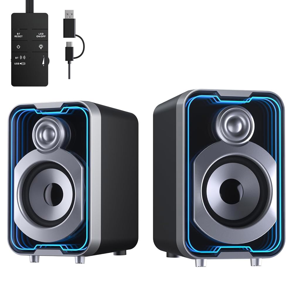 SOULION 2.0 컴퓨터 스피커, 10W 블랙 노트북용 모니터 있는 쉬운 LED 블루투스 USB 제어 거울 사운드바 PC 전원 책상 - 모드가 작은 조명 포드, 같은 데스크톱용 - 상품 이미지