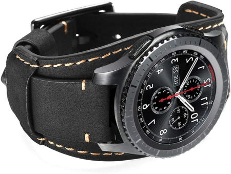 [해외]삼성 갤럭시 워치 46mm/갤럭시 3 45mm/기어 S3 프론티어/클래식 밴드 22mm 정품 가죽 커프 팔찌 교체 스트랩과 스테인리스 스틸 버클 남성 여성(블랙) 호환 Bl