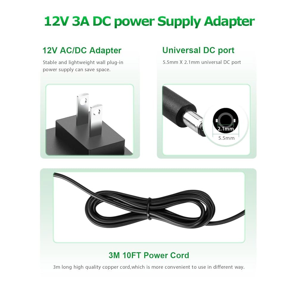 Arkare 12V 3A 전원 공급 코드 수신기 2.5A 1.5A 500mA 100V-240V 36W 충전기 1A AC/DC BT 웹캠 AC to 3M/10FT 3amp 2A DC - 상세 이미지 3