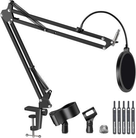 [해외]하이퍼엑스 쿼드캐스트 솔로캐스트 피핀 슈어 SM7B 및 기타 마이크 최대 하중 1.5kg 중형 팝 필터 홀더가 있는 블루 스노우볼 iCE 붐 암 스탠드 Medium