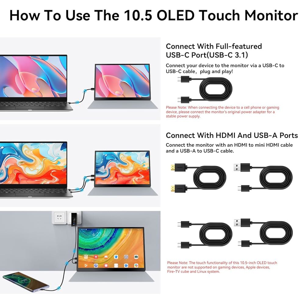 Prechen 10.5인치 OLED 터치스크린 휴대용 PC 2560x1600, 터치 폰용 NTSC, 케이스 소형 모니터 54000 1 대비, 디스플레이, HDMI, 및 미니 스피커 - 상세 이미지 3