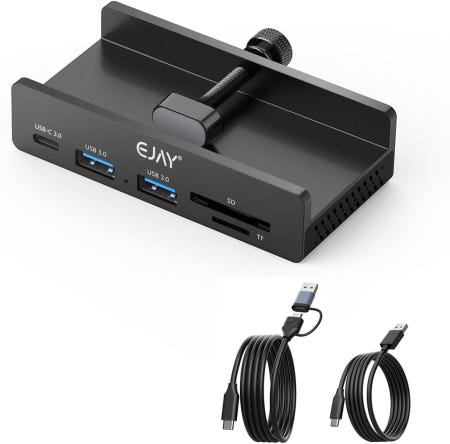 [해외]EJAY 5Ports USB3.0 허브 알루 스플리터 데스크톱 도킹 추가 전원 공급 포트를 갖춘 데스크/모니터 클리핑 59인치 데이터 및 39인치 케이블 - Black