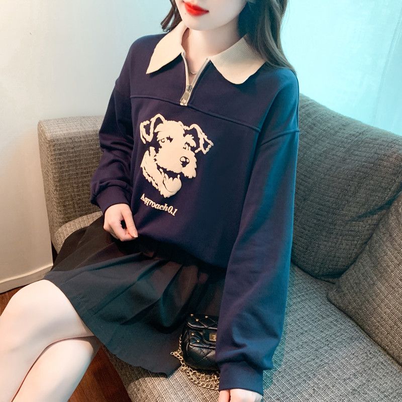 여성 캐주얼 데일리 오버핏 기모 배색 카라넥 자수 강아지 그래픽 긴팔 맨투맨 티셔츠 - 상세 이미지 3