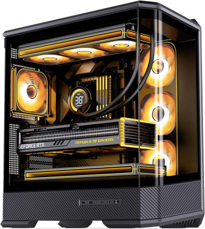 JONSBO D400 블랙 ATX 미들타워 PC 케이스 3D 엣지 곡면 유리 디자인 데스크톱 컴퓨터 BTF 메인보드/ATX 파워/듀얼 360 AIO 지원 팬 10개 장착 Black