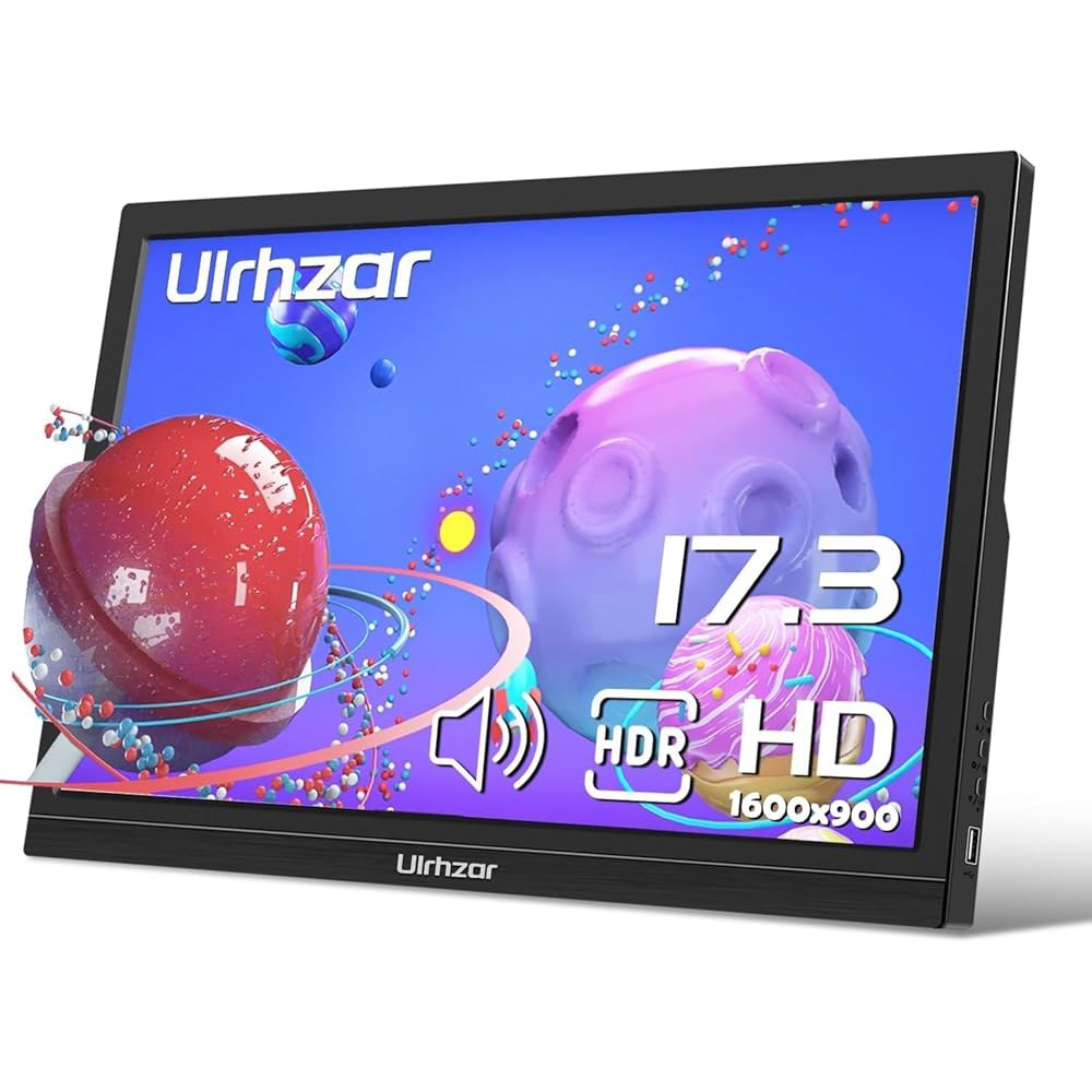 Ulrhzar 노트북용 17.3인치 휴대용 모니터, sRGB 스위치용 여행용 라스 USB-C 60Hz 99 1600x900P PC 스크린 보조 스피커가 킥스탠드 맥 모니터 및 게이 - 상품 이미지