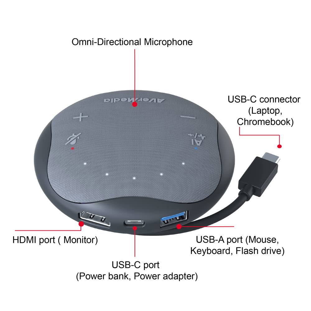 AVerMedia 포켓 스피커폰 AS315는 줌 스피커 감소 USB-C 작동, AI 함께 및 스테이션, 회의 도킹 마이크, 휴대용 USB 팀과 허브, 소음 - 상세 이미지 3