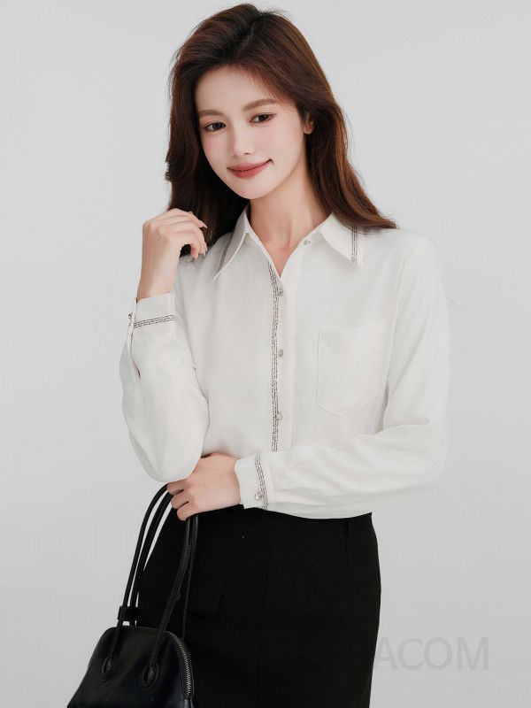 여성 오피스룩 직장인 기모 안감 배색 포인트 포켓 긴팔 셔츠 블라우스 출근룩 단정한 상의 - 상세 이미지 3