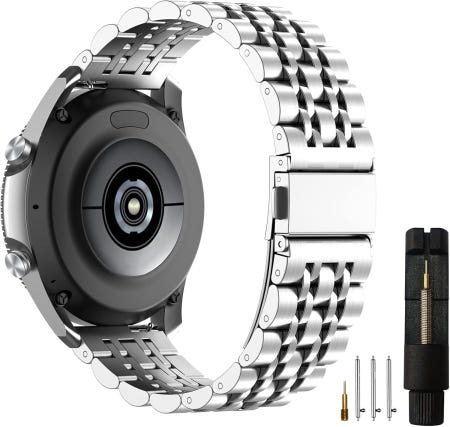 [해외]갤럭시 워치 3 45mm/삼성 기어 S3용 EZMVZKU 22mm 밴드 가민 베누 3/2/아마즈핏 GTR4/3/2/화웨이 GT4용 퀵핏 스테인리스 스틸 스트랩 Silver