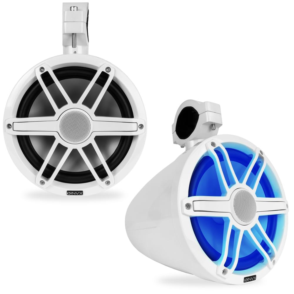 NVX MVTSP8W (쌍) - 750W 화이트 20.3cm(8인치) 359 조명 포함 (250W 회전 LED 양방향 클램프 RMS) 피크 타워 및 V-시리즈 스포츠 스피커, 마린 - 상품 이미지