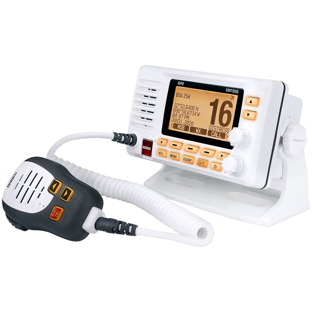 Uniden UM725G Marine VHF 라디오, GPS 스크린, 마이크, 스피커 날씨 모든 LCD 내장. 채널, 동급 전력, 해양 경고 포함, 최대 1와트/25와트 및 전송 - 상세 이미지 2