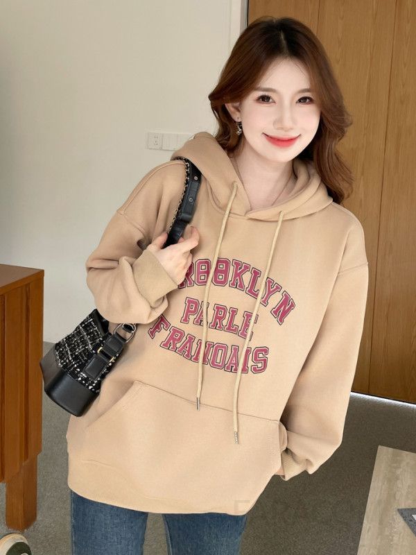 여성 루즈핏 오버핏 레터링 후드 맨투맨 데일리 캐주얼 캠핑룩 여행룩 빅사이즈 와이드핏 포켓 긴팔 티셔츠 - 상세 이미지 4