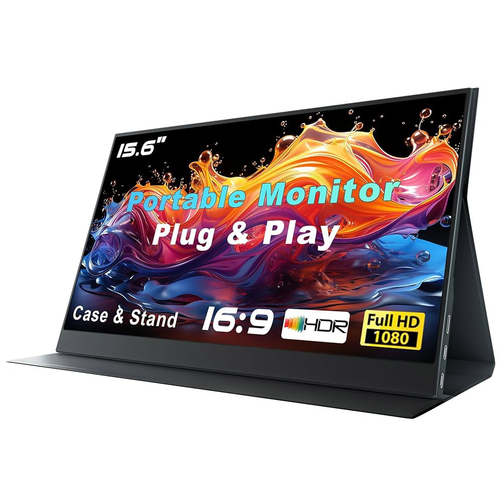노트북용 휴대용 모니터, 15.6인치 1080P 커버 맥 포함, PC 폰 FHD 컴퓨터 USB 익스텐더, PS5/4 C 여행용 노트북 게이밍 Xbox 스피커 스탠드 스크린 HDMI - 상품 이미지