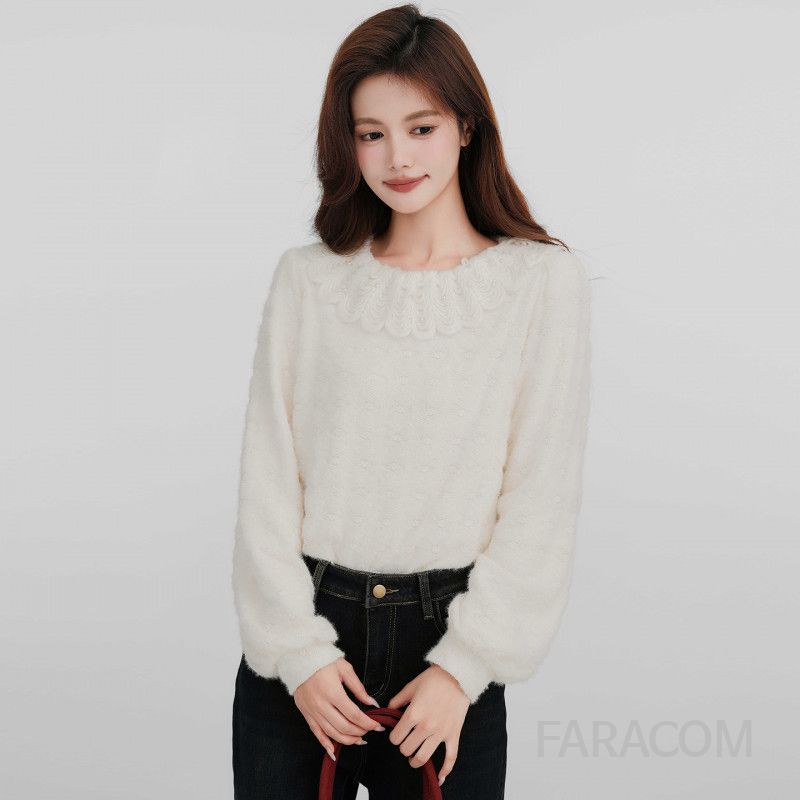여성 데일리 러블리 페미닌 루즈핏 기모 레이스 칼라 자수 퍼프 소매 벌룬 니트 블라우스 티셔츠 레이어드 코디 오피스룩 - 상품 이미지