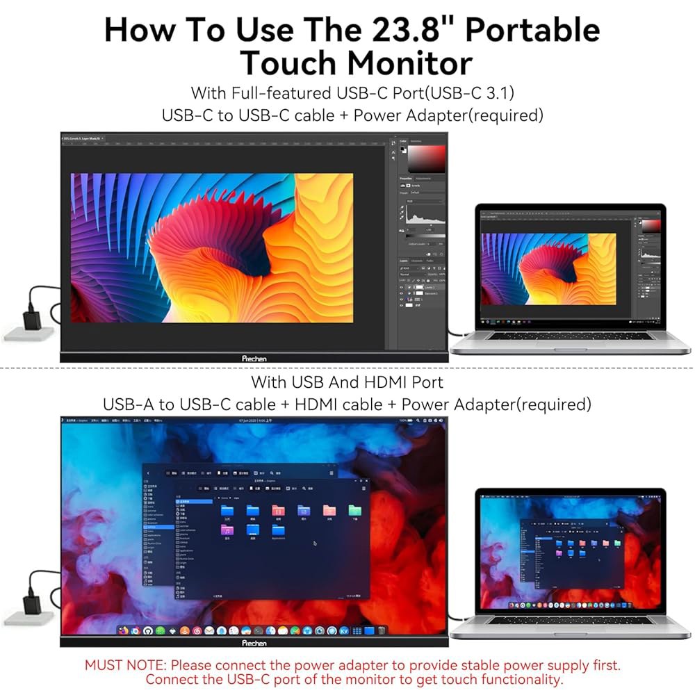 23.8인치 휴대용 터치스크린 모니터 100 조절 90 HDMI 번째 1080P, VESA, 포함, USB-C 내장 VA 스크린 가능한 75Hz 노트북/PC/휴대폰용 sRGB 스피 - 상세 이미지 3