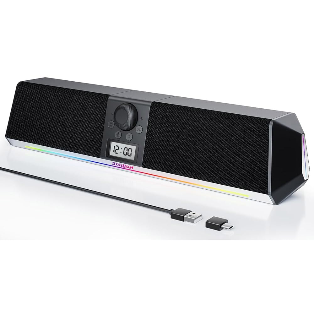 SOULION R80 블루투스 컴퓨터 스피커, 모니터 앤 데스크톱 USB LED 플레이 있는 PC 사운드 시계 디스플레이, 플러그 노트북용 디지털 조명이 선명한 (USB 어댑터 - 상품 이미지