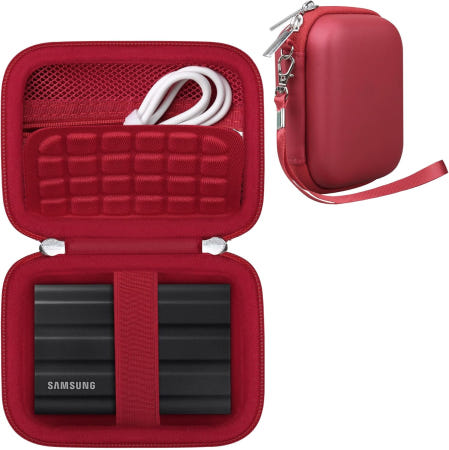 [해외]삼성 T7 쉴드 휴대용 SSD 1TB 2TB 4TB용 RAIAL 하드 캐리링 케이스 외장 드라이브 보관 여행 가방 USB 케이블 액세서리용 메시 포켓 빨간색