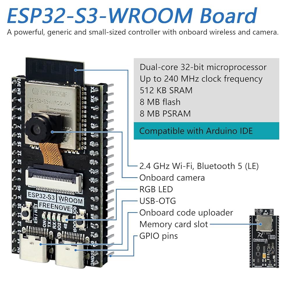 Freenove ESP32-S3 ESP32 S3 CAM용 심박수 스크린 키트 무선, 튜토리얼 마이크로 스피커 (포함), 코어 온보드 스테레오 코드 센서, 카메라 듀얼 터치 개발 - 상세 이미지 2