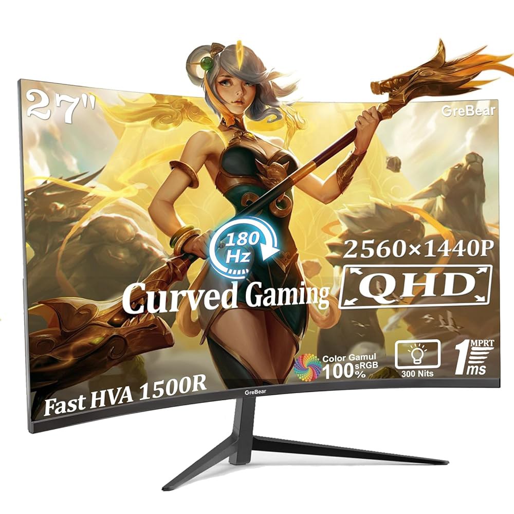 27인치 게이밍 커브 모니터 1440P 2K, 스크린, 1500R, 내장 디스플레이 홈 PC 틸트 180HZ 조절 100x100mm DP, 2560x1440p QHD HDMI, - 상품 이미지