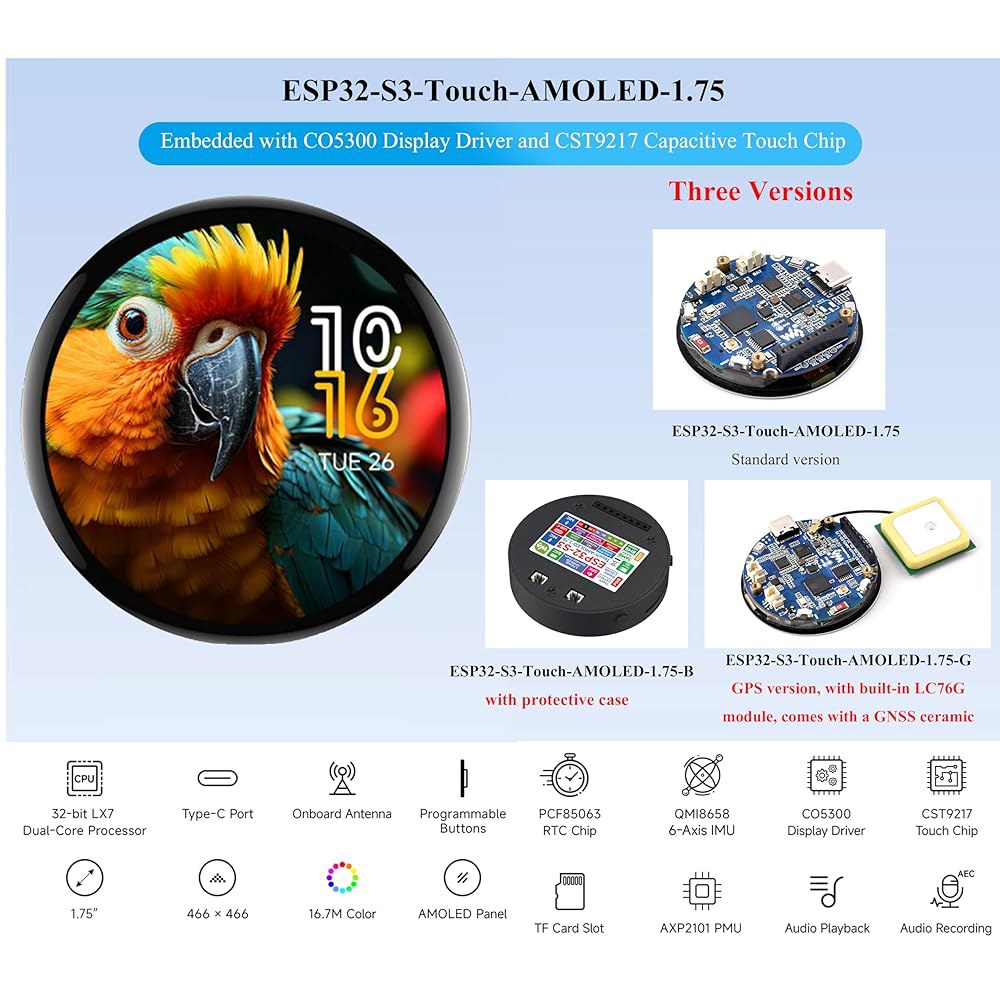 ESP32-S3, 1.7인치 AMOLED 라운드 터치 어레이, QSPI AI 듀얼 안테나 인터페이스, 디스플레이 466x466, 스피커 마이크 2W 상호 작용 온보드 8 포함 개발 - 상세 이미지 3