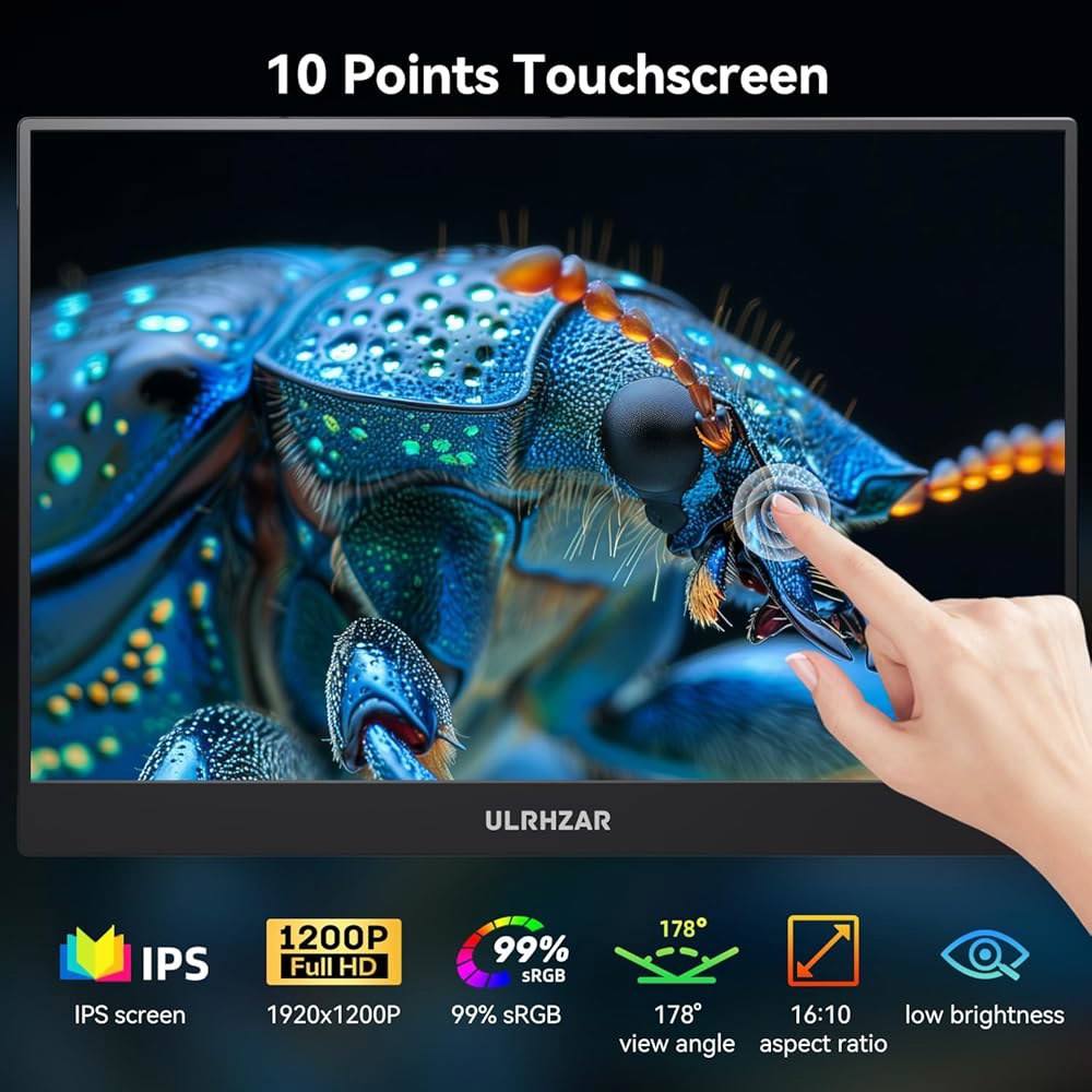Ulrhzar 휴대용 터치스크린 모니터 14인치 스피커 1920X1200P 미니 USB-C 60hz 외장 HDMI Xbox FHD 노트북 내장 스위치용, 컴퓨터 모니터, - 상세 이미지 2