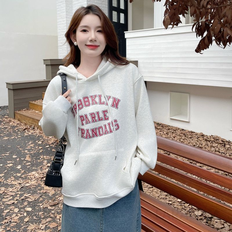 여성 루즈핏 오버핏 레터링 후드 맨투맨 데일리 캐주얼 캠핑룩 여행룩 빅사이즈 와이드핏 포켓 긴팔 티셔츠 - 상품 이미지