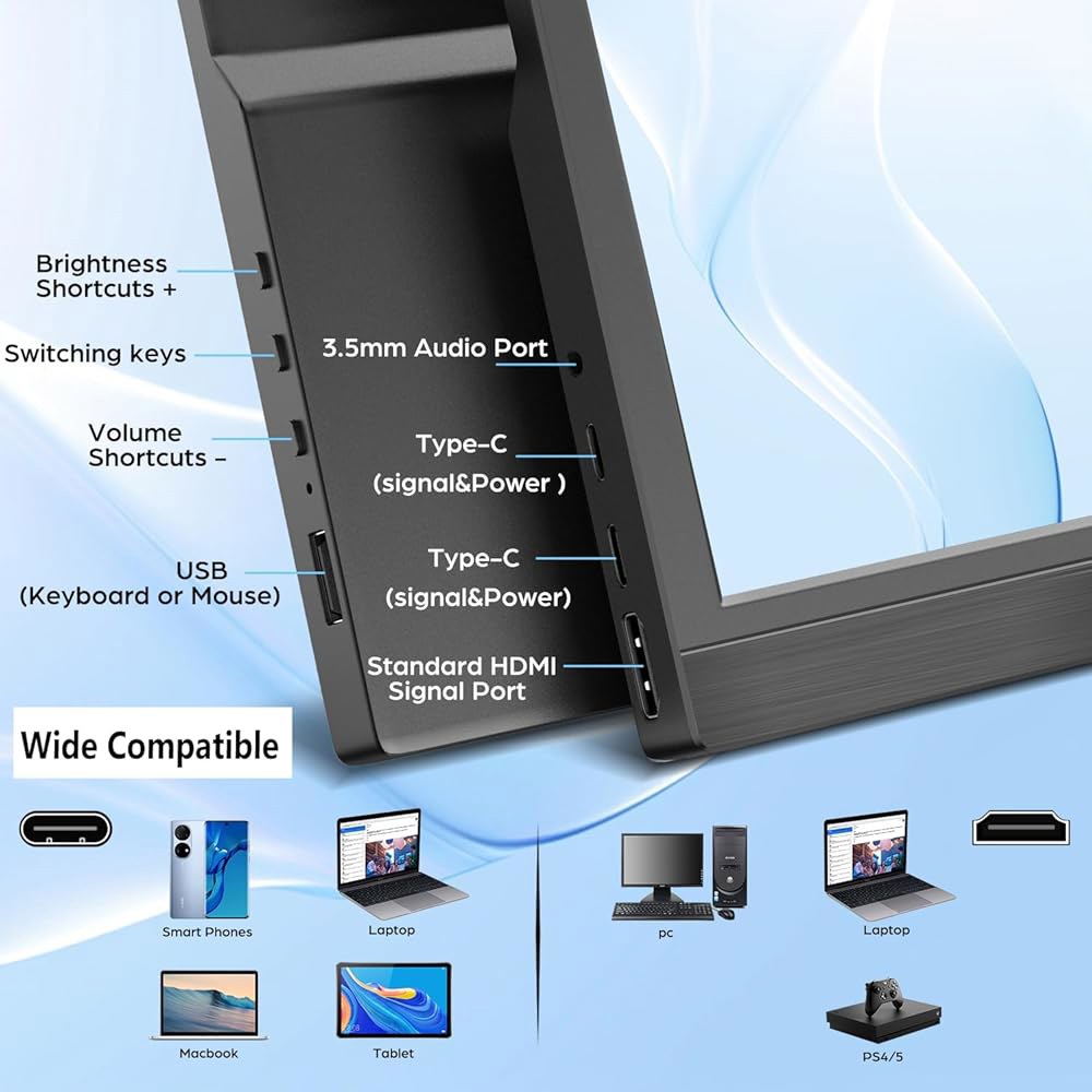 Kenowa 13.3인치 휴대용 모니터 FHD USB-C 외장 스피커 PS4/5 Latop PC HDMI 내장 폰 여행용 모니터, Xbox용 맥 LED 디스플레이, 포함, 1366 - 상세 이미지 3