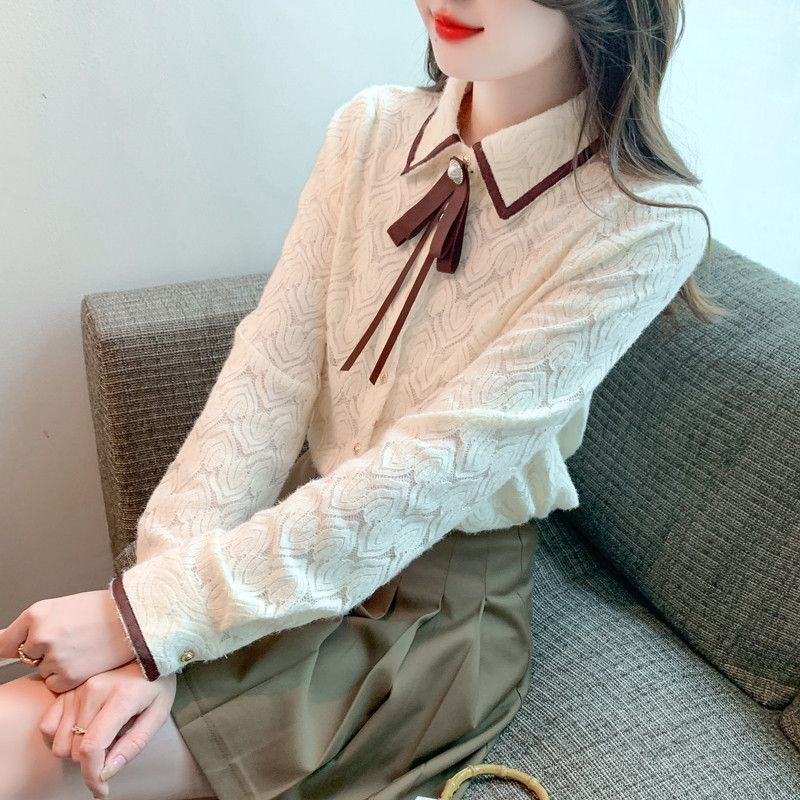 여성 페미닌 무드 기모 레이스 배색 리본 타이 셔츠 블라우스 오피스룩 하객룩 정장 이너 기본 데일리 긴팔 상의 - 상세 이미지 3
