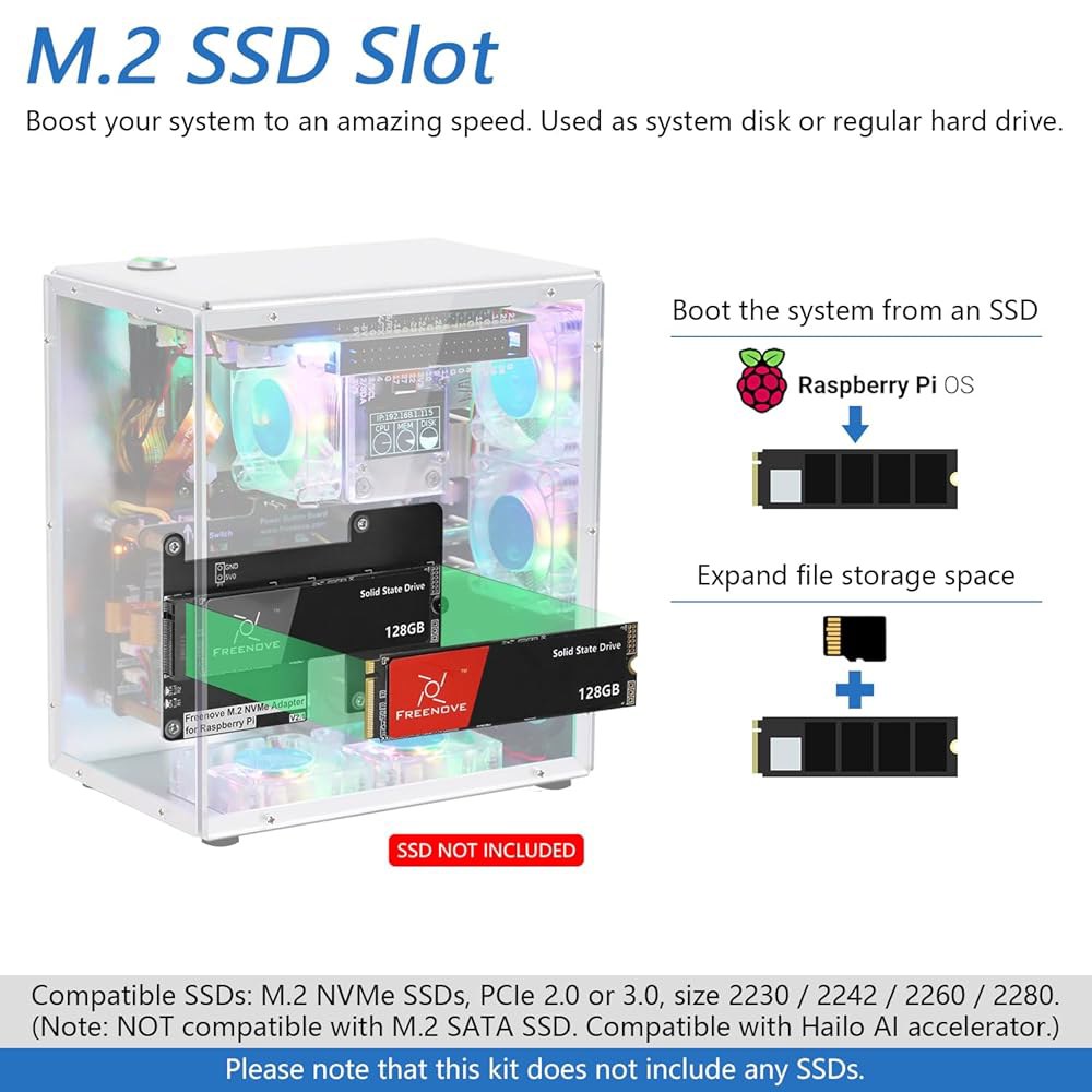 Freenove 라즈베리 파이 5 PC 0.95인치 타워 PWM 팬 (SSD 쿨러, 키트, 라이트 미포함) 슬롯, ARGB OLED 3.5mm CPU 스크린, 스테레오 M.2 싱크 - 상세 이미지 3