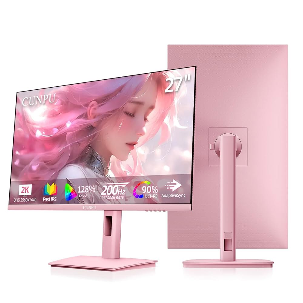 CUNPU 27인치 파스텔 핑크 게이밍 DP 180/200Hz QHD DCI-P3, 모니터 적응형 2560x1440 가능한 조절 GTG 스탠드, IPS 모니터, 90 높이/회전/틸 - 상품 이미지