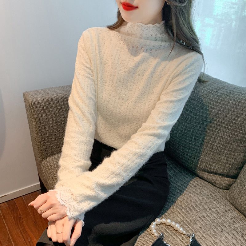 여성 데일리 페미닌 오피스룩 이너 레이스 기모 반하이넥 슬림핏 물결커팅 긴팔 티셔츠 스판 레이어드 기초 - 상세 이미지 2