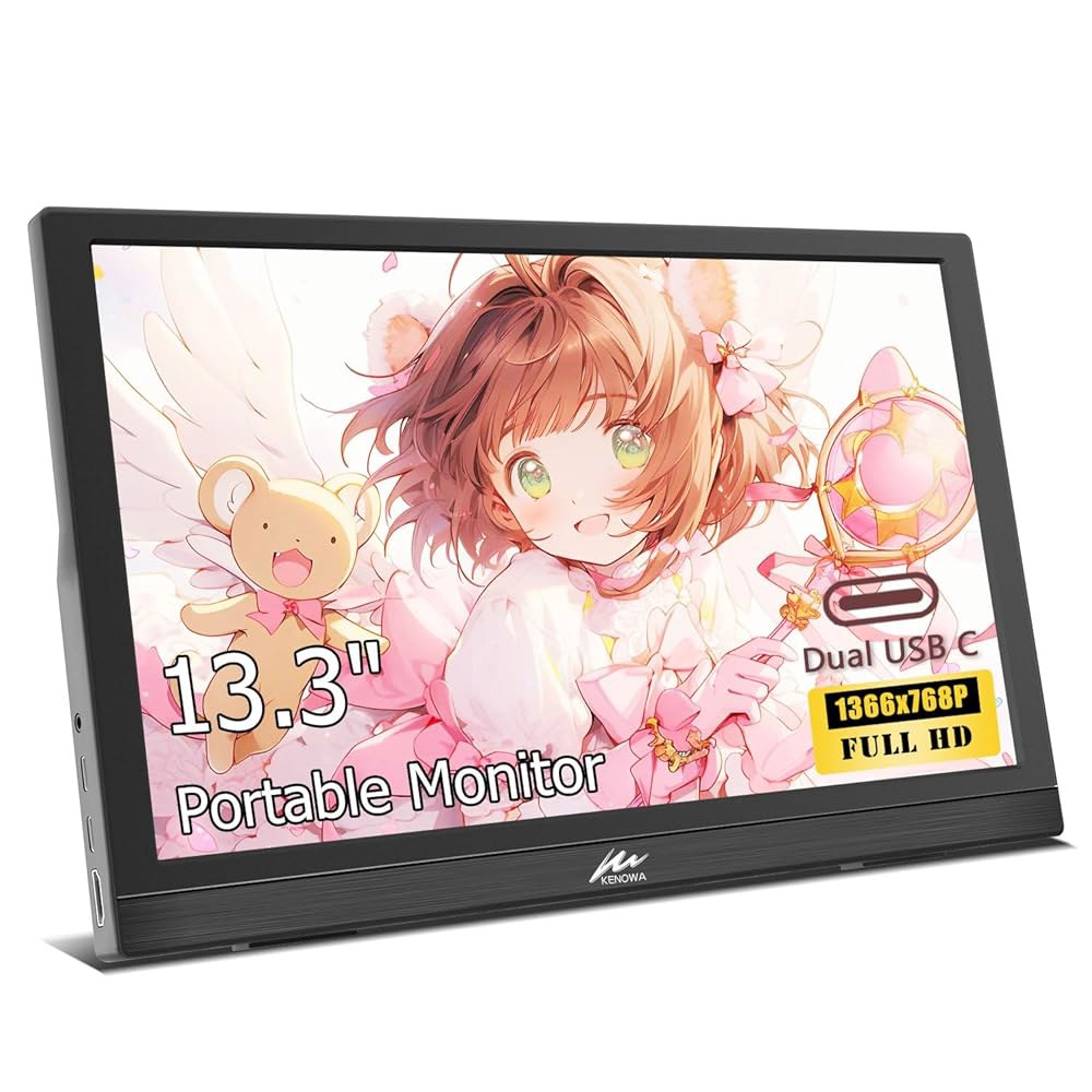 Kenowa 13.3인치 휴대용 모니터 FHD USB-C 외장 스피커 PS4/5 Latop PC HDMI 내장 폰 여행용 모니터, Xbox용 맥 LED 디스플레이, 포함, 1366 - 상품 이미지