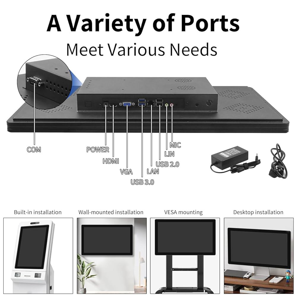 터치스크린 모니터 15.6인치 10포인트 터치 HDMI, VESA VGA 1920 산업용 내장 FHD POI/POS/키오스크/자동화, 장치 모니터, 및 스크린 x 스피커, 1080 - 상세 이미지 3