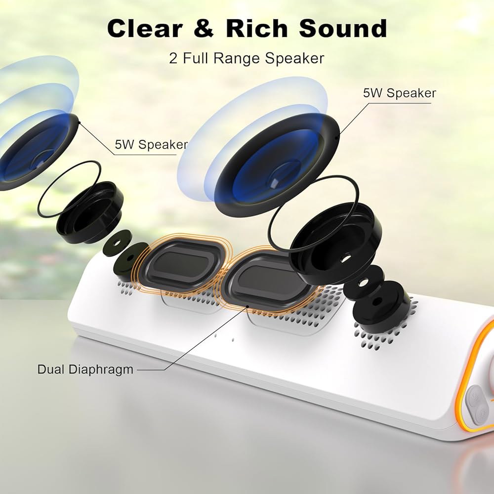 SOULION R50 블루투스 컴퓨터 스피커, 다채로운 사운드 3.5mm 조명, 전원 서라운드 LED 노트북용 데스크탑 유선 화이트 사운드바, PC 모니터용 USB - 상세 이미지 2