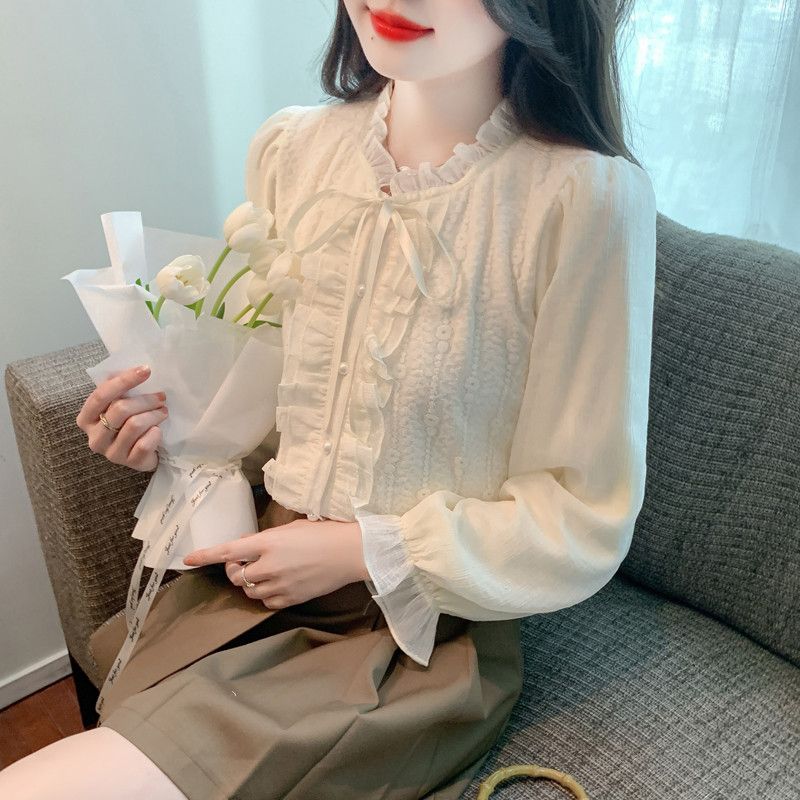 여성 페미닌 무드 따뜻한 기모 안감 프릴 타이 리본 슬림핏 겨울 데일리 오피스룩 하객룩 블라우스 - 상세 이미지 5